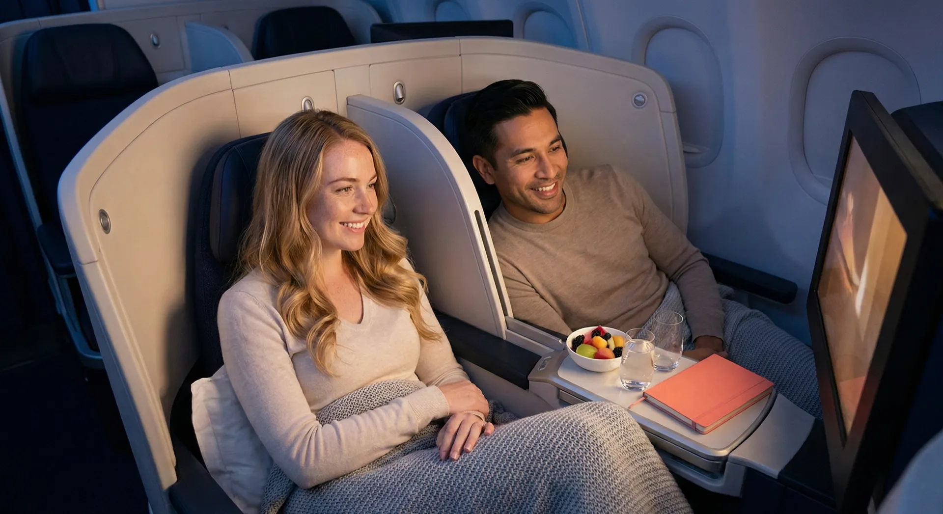 Couple relaxed and comfortable during flight